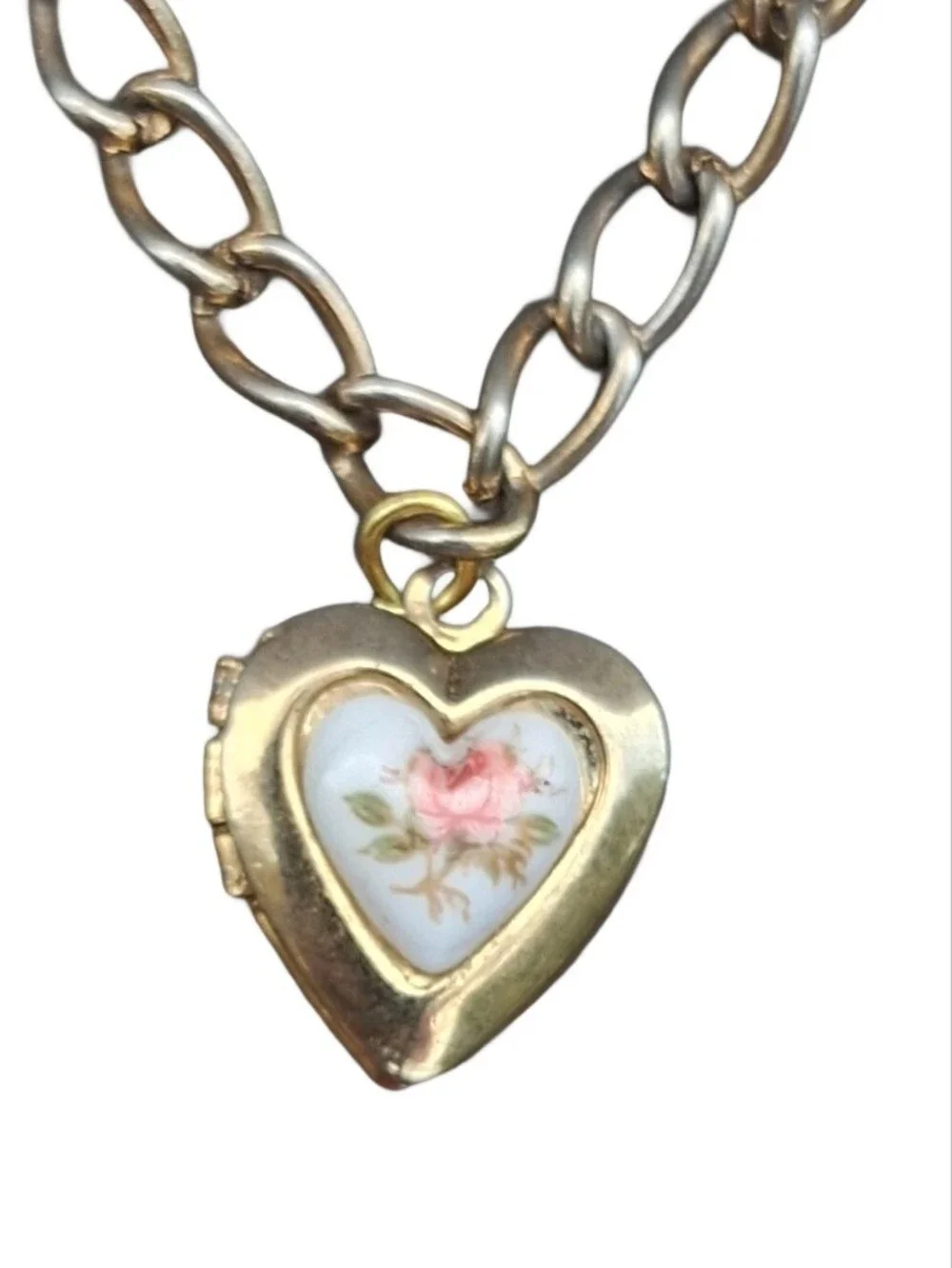 Vintage Heart Charm Bracelet Gold Tone Locket Rose Faux Pearl Rhinestone